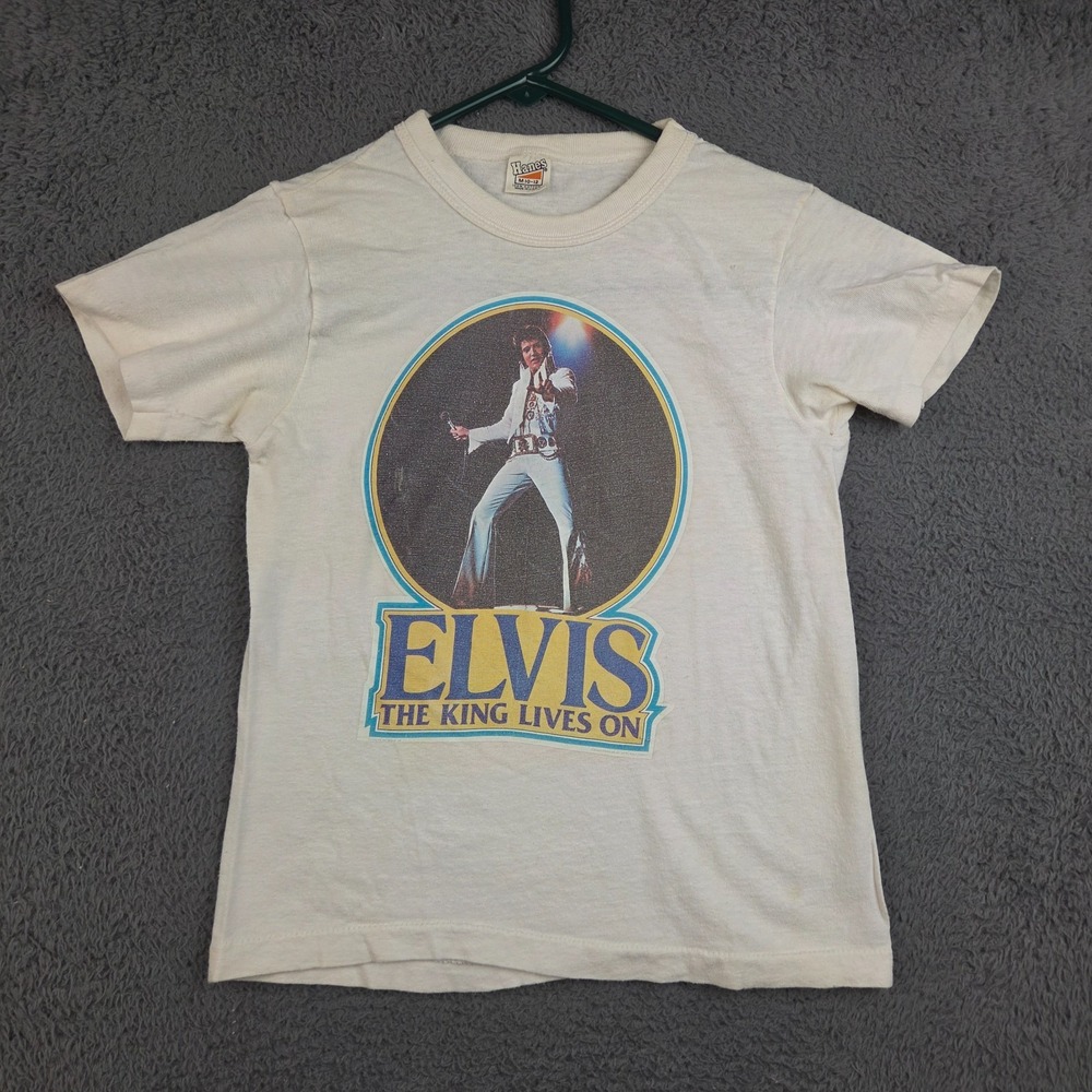 Vintage Elvis Shirt Youth Medium The King Lives On Hanes 70s White Single Stitch